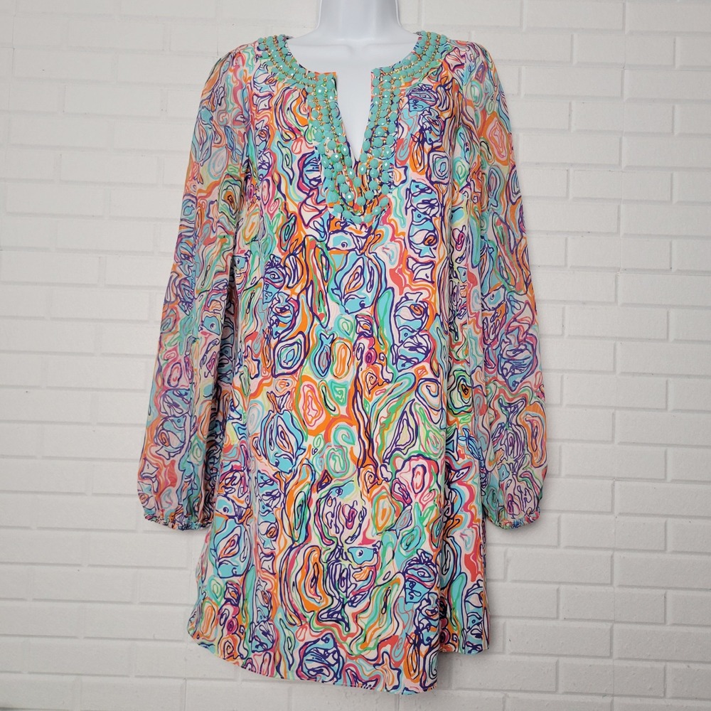 Lilly Pulitzer Saemus Dress 4 Multicolor Fish Print Silk Beaded Long Sleeve